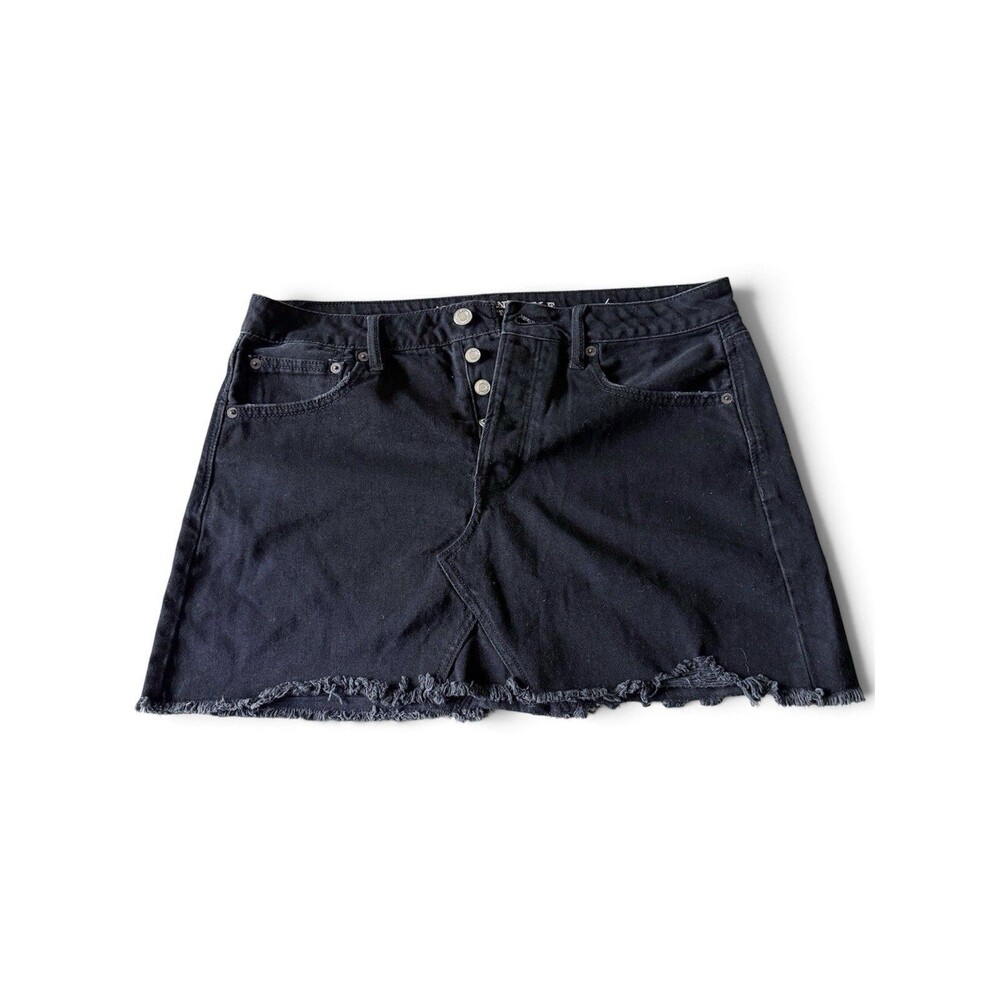 American Eagle Black Denim Mini Skirt Raw Hem Button Fly Size 12 Distressed AE